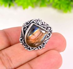 Handcrafted Oxidized Plated Ring with Oval Tiger Eye Gemstone for Women